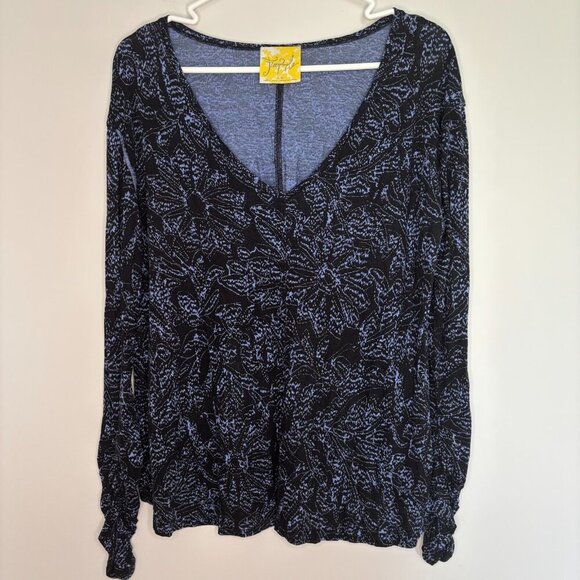 FREE PEOPLE Top Women XS Black Blue V-Neck Linen Blend Ruched Long Sleeve Hi-Lo - Picture 4 of 5